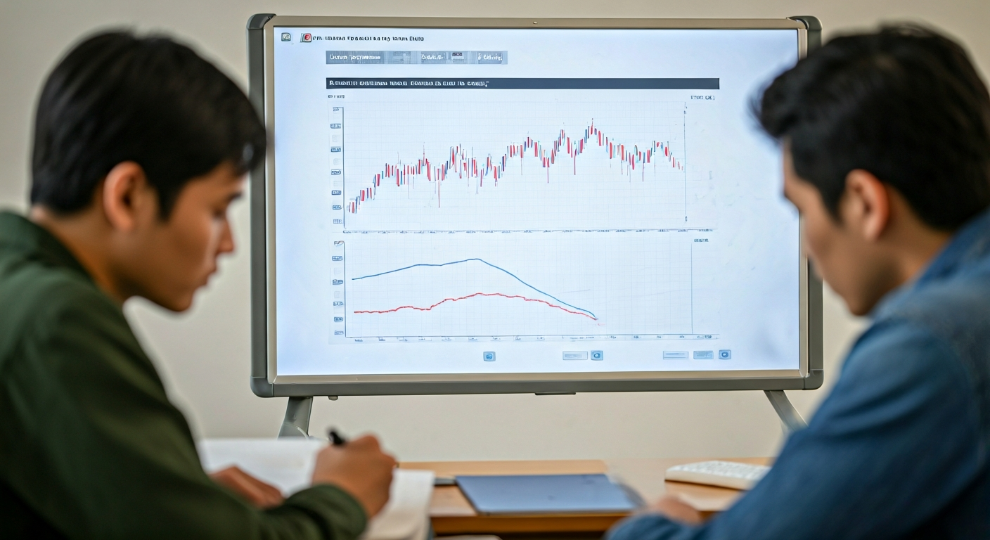 Small classroom setting with a whiteboard showing price charts and a group of learners reviewing notes, representing practical trading education.