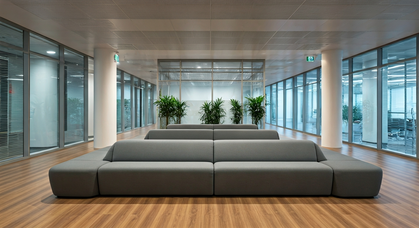 Modern Singapore office lobby with simple seating and neutral tones, representing a professional yet accessible educational environment.