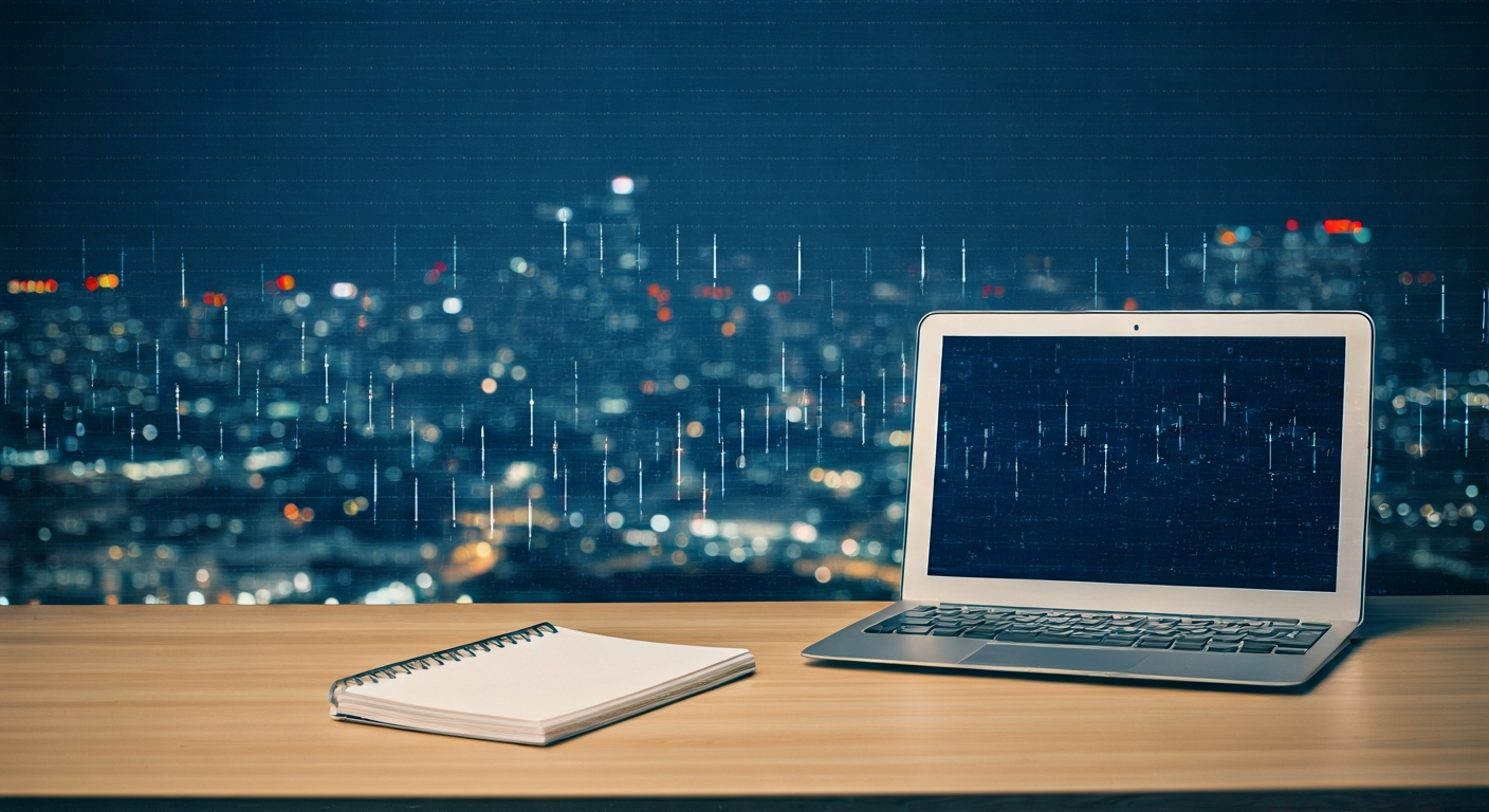 Bright workspace in Singapore with a laptop showing market charts, a notebook with trading notes, and a skyline view suggesting professional learning.