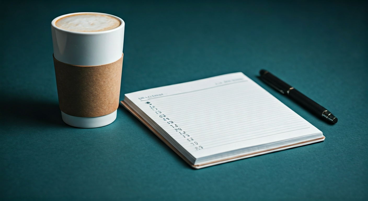 Notebook with reflection prompts and a calm workspace, symbolizing disciplined mindset training and decision review in trading.