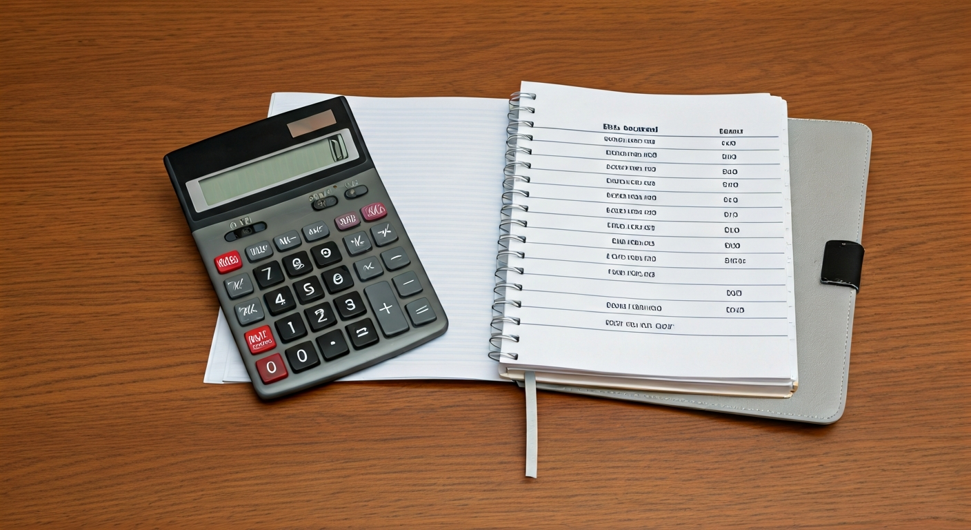 Calculator, trading journal, and risk-to-reward table on a desk, representing careful planning and capital protection principles.