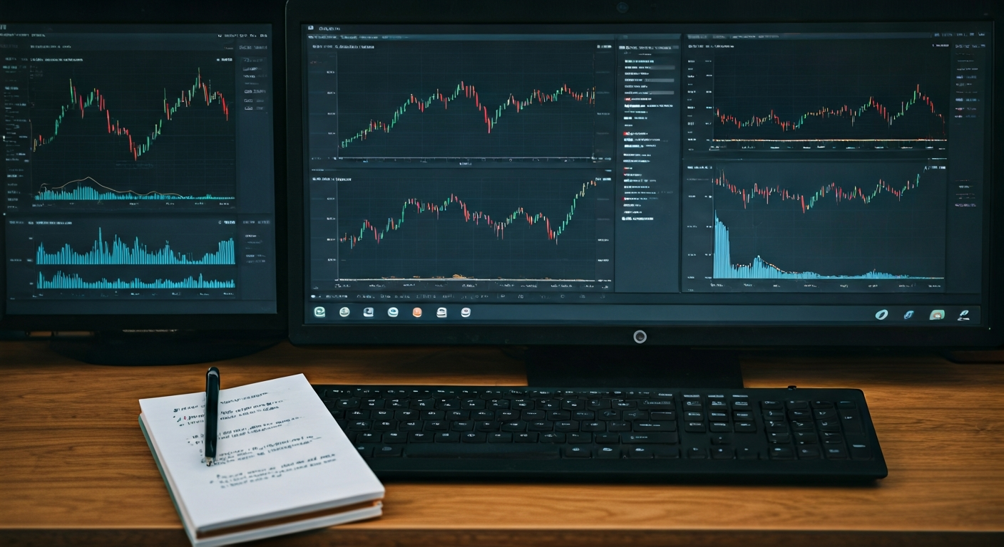Large screen displaying multiple market charts with annotations, while a notebook shows structured analysis notes for learning purposes.