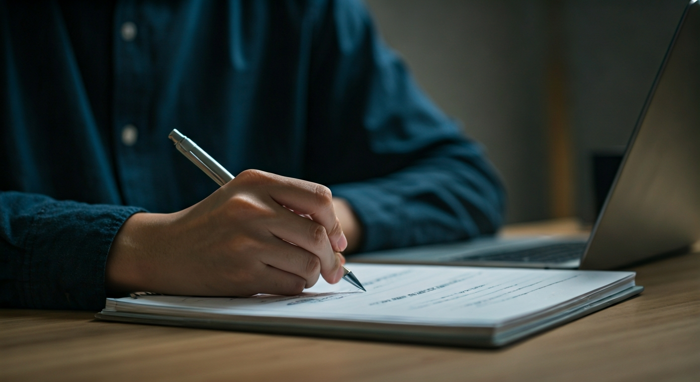 Quiet room with a journal and a focused learner reflecting on trading decisions, emphasizing psychological discipline and self-review.